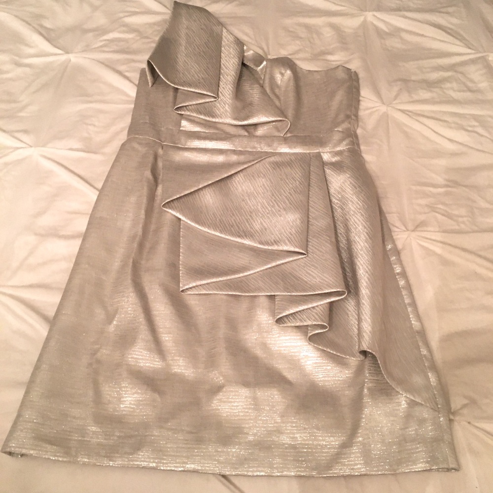 Silver Sparkle One Shoulder Cascade Ruffle Cocktail Dress Size 10 NWT
